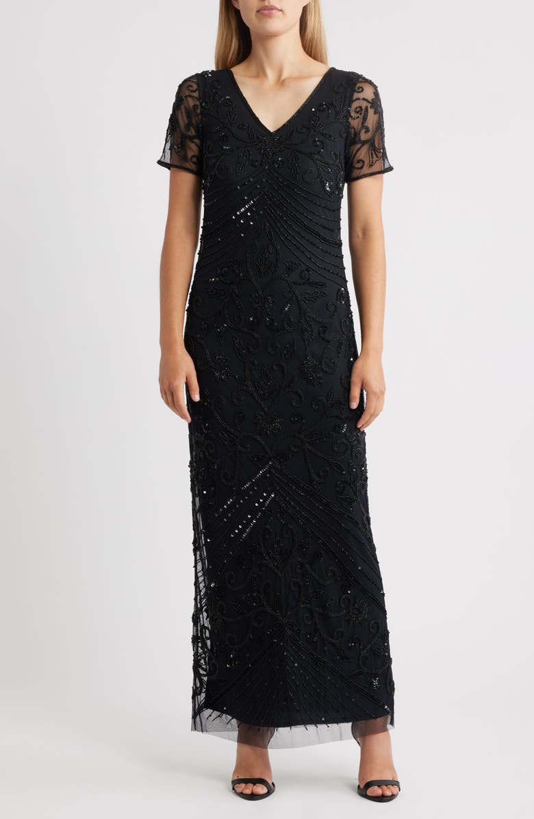 Pisarro Nights Beaded Mesh Gown, Main, color, Black