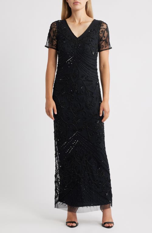 Pisarro Nights Beaded Mesh Gown In Black