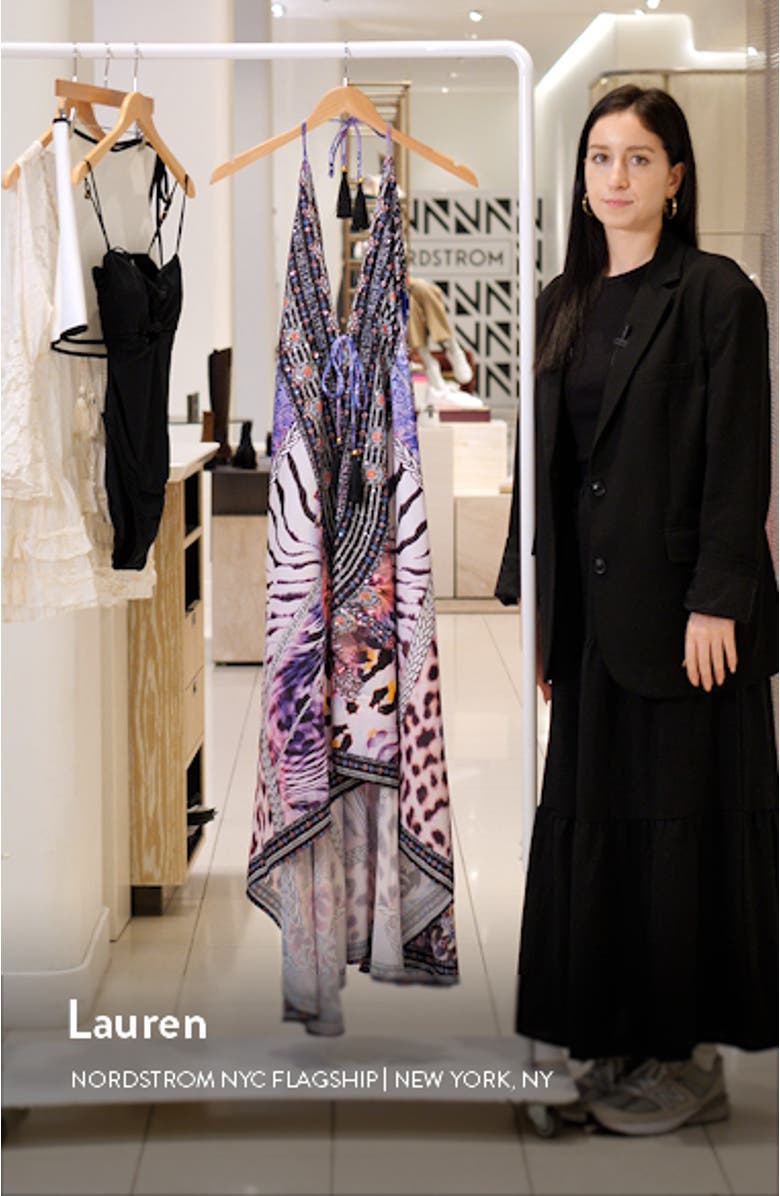 Bright Printed Purple Halter Cover-Up Dress, sales video thumbnail