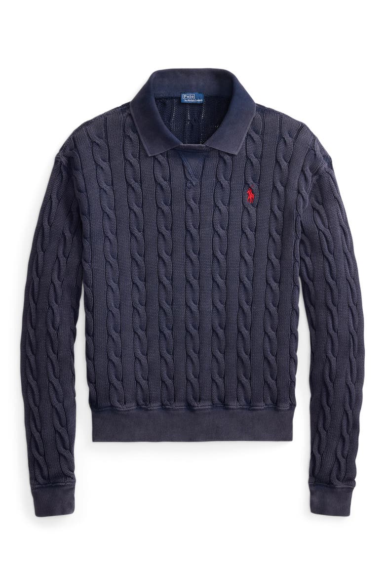 Cable Knit Polo Sweater, Alternate, color, BLUE