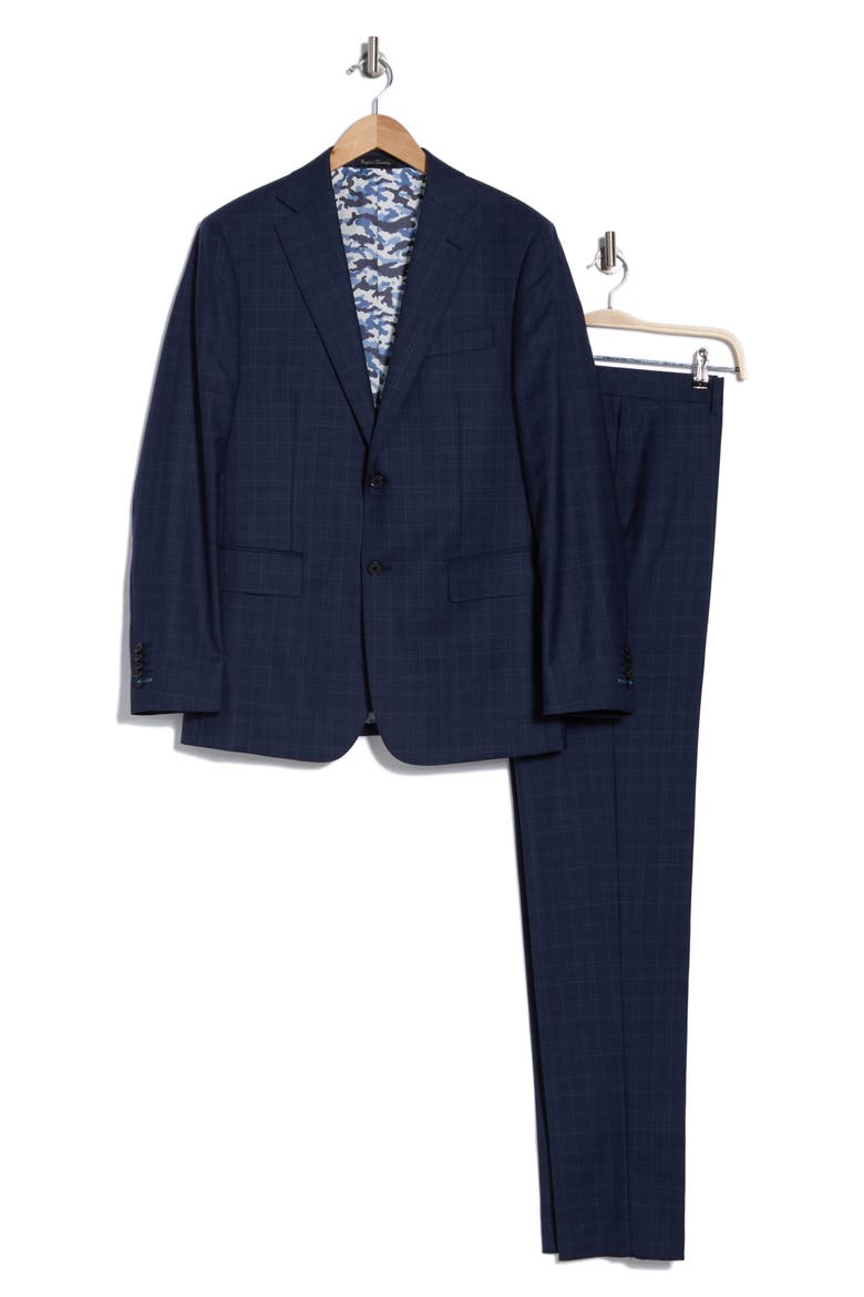 Plaid Trim Fit Notch Lapel Wool Blend Two-Piece Suit, Alternate, color, NAVY