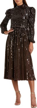 Mac Duggal Long Sleeve Tea Length Sequin Dress