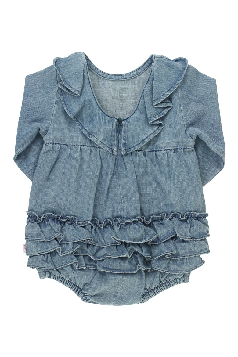 Denim Bubble Romper & Tights Set, Alternate, color, BLUE