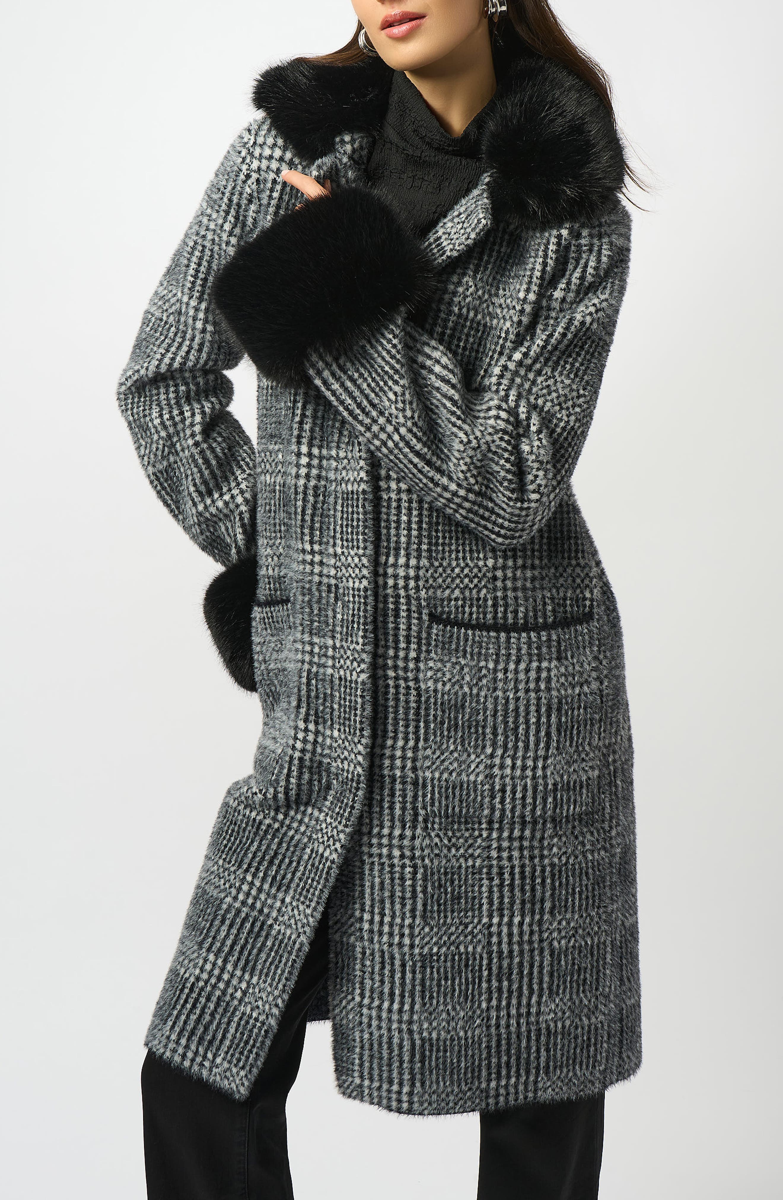Plaid Faux Fur Trim Coat