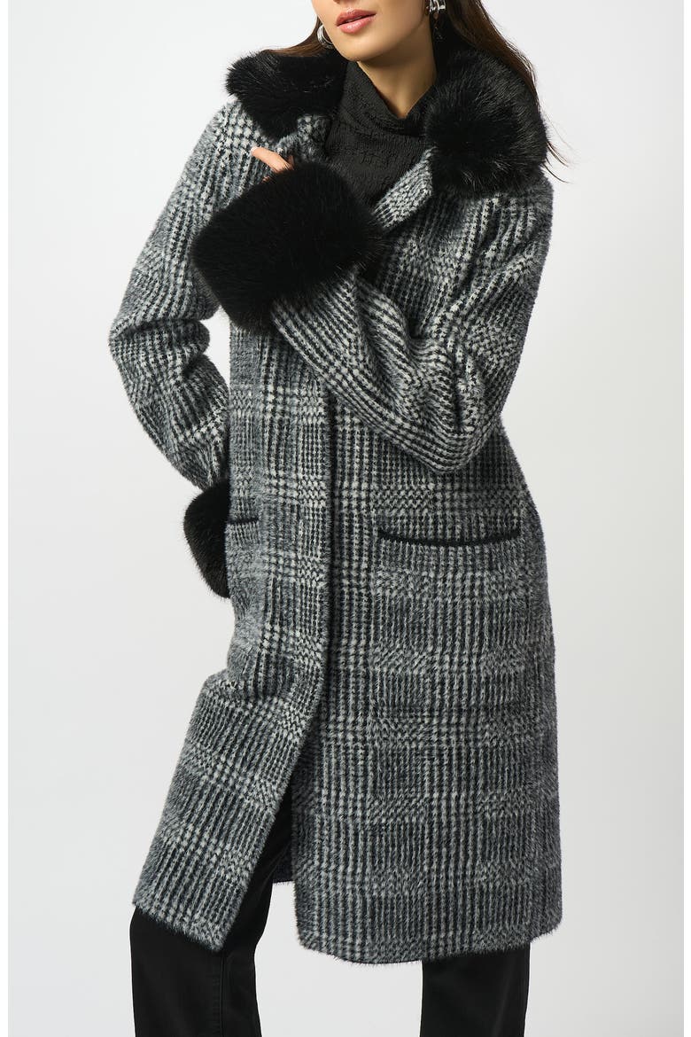 Plaid Faux Fur Trim Coat, Main, color, BLACK/ WHITE