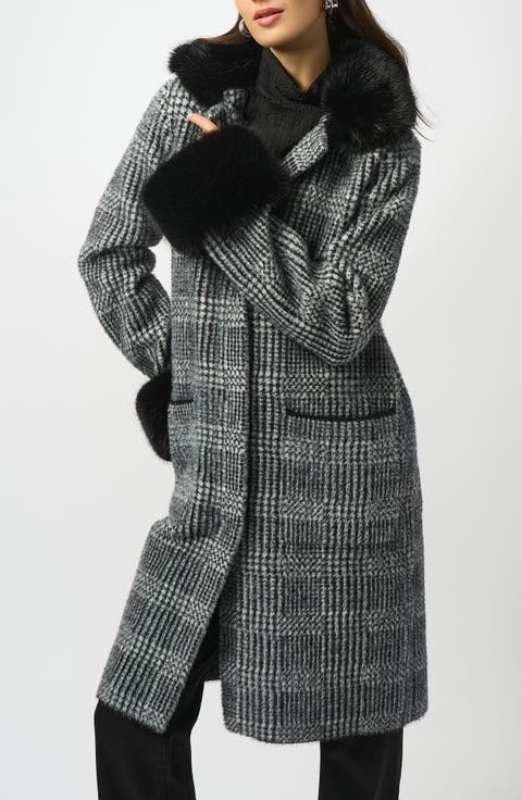 Plaid Faux Fur Trim Coat