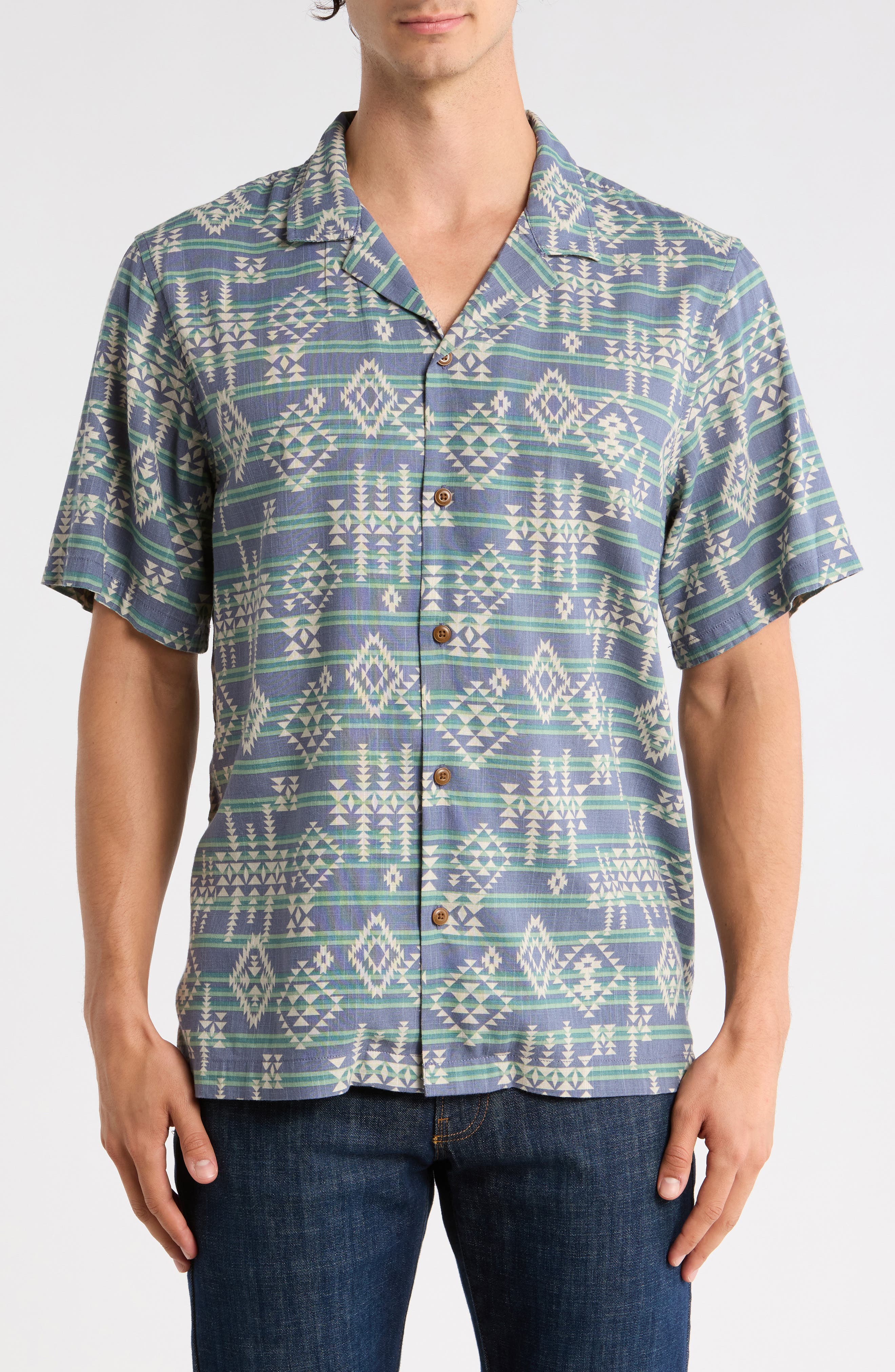 Lucky Brand Geometric Stripe Linen Blend Camp Shirt