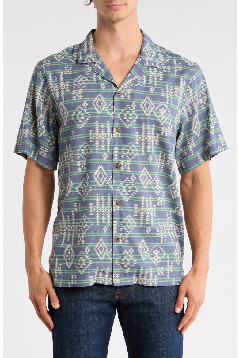 Geometric Stripe Linen Blend Camp Shirt, Main, color, GREEN BAY
