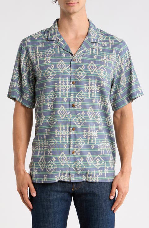 Geometric Stripe Linen Blend Camp Shirt