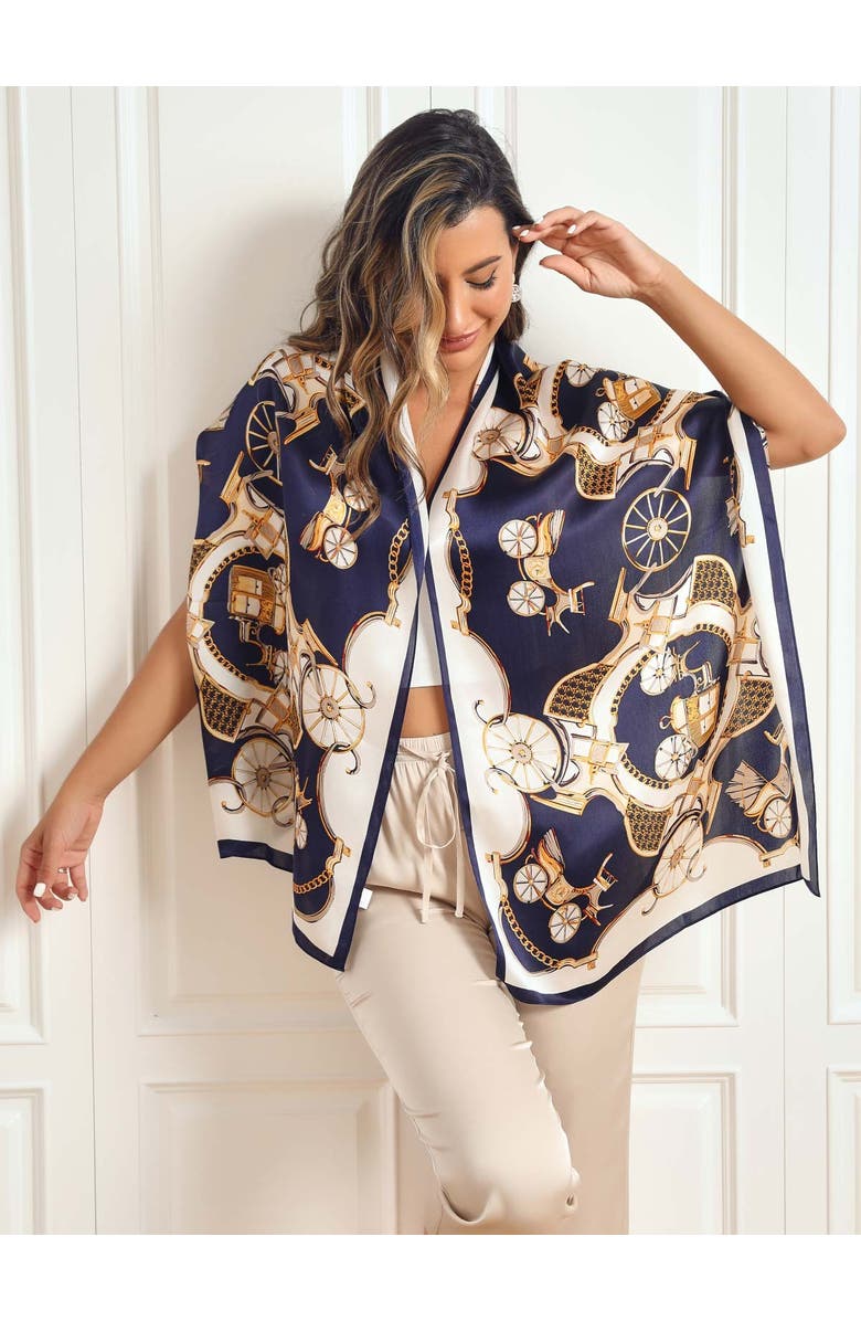 SILKSILKY Mulberry Silk Printed Carriage Long Rectangle Shawl Scarf, Main, color, Dark Blue