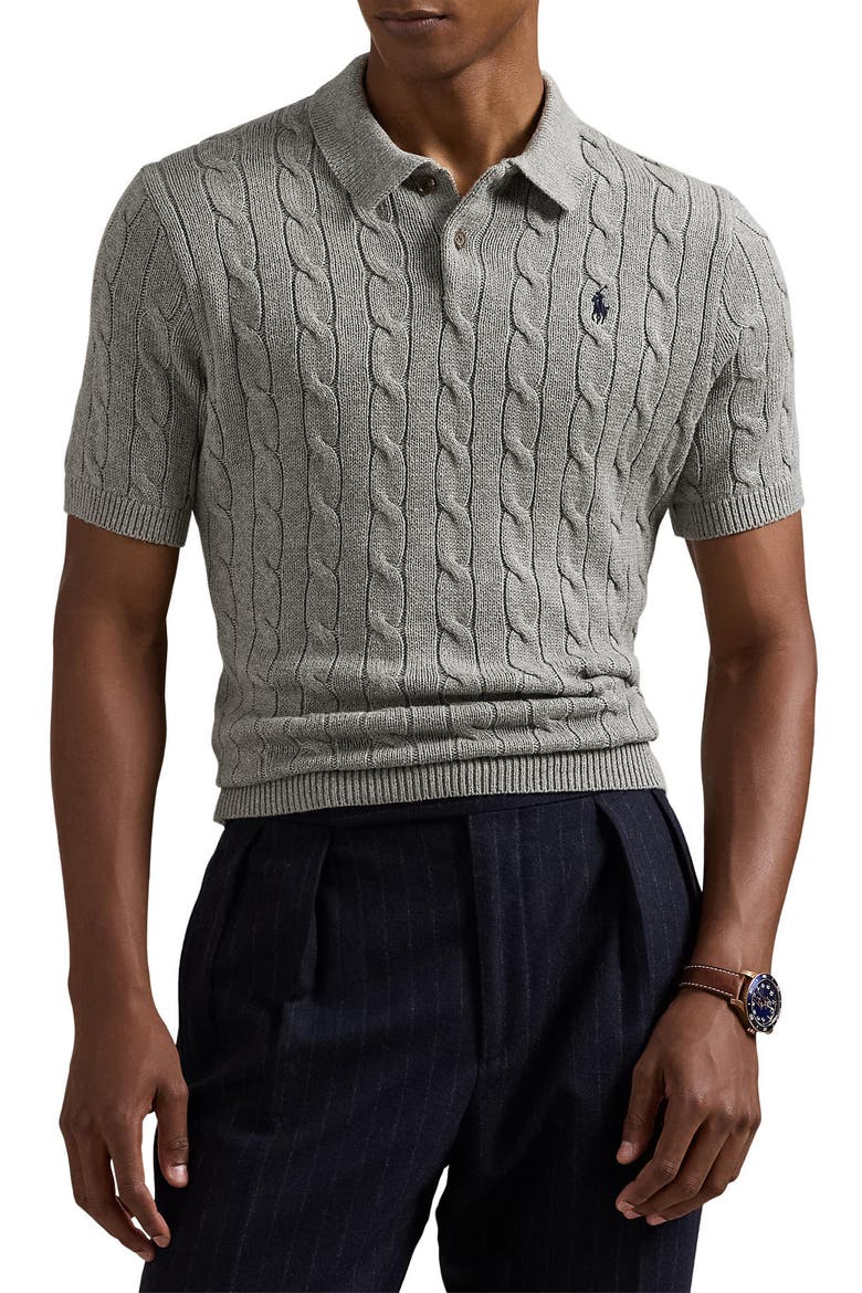 Roving Cotton Cable Knit Polo Sweater, Main, color, FAWN GREY HEATHER