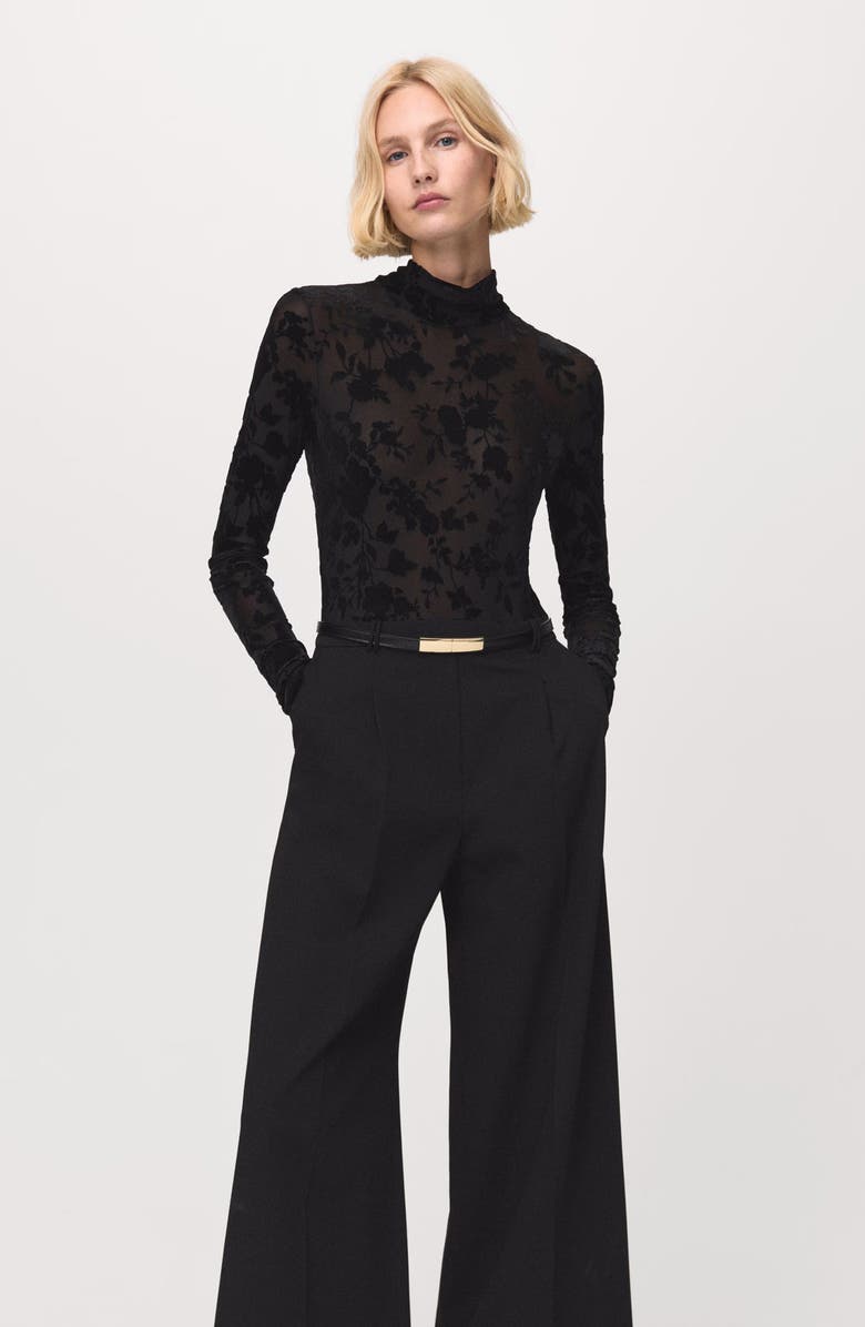MANGO Mixed Media Long Sleeve Jumpsuit, Alternate, color, Black