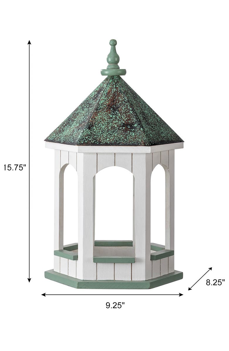 Glitzhome 15.75"H Wood Gazebo Metal Patina Finish Roof Birdfeeder, Alternate, color, Green