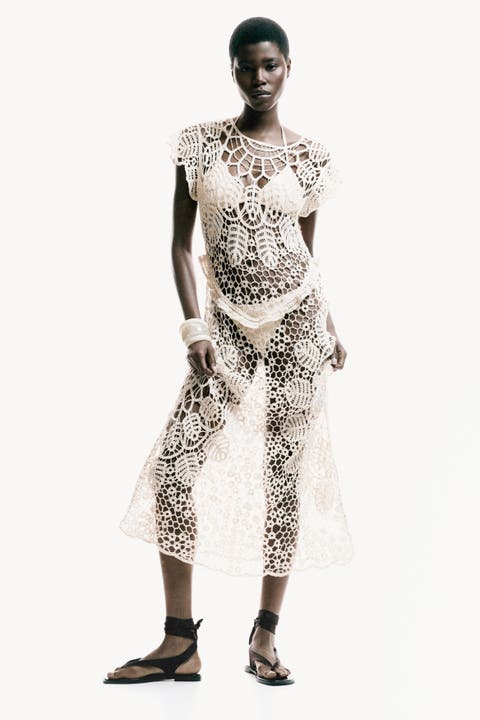 Flutter-sleeved Crochet-look Dress