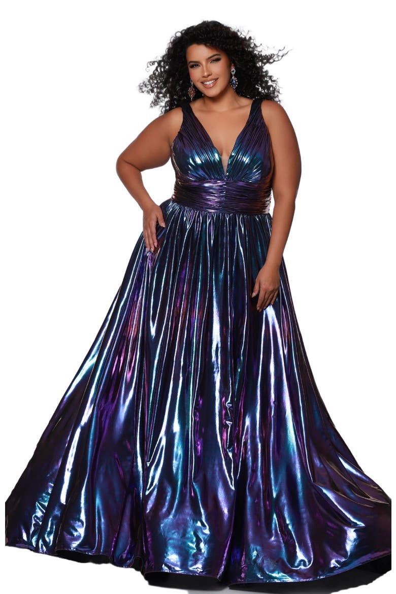 Bra-Friendly V-Neckline Plus Size A-Line Formal Gown, Main, color, Prism