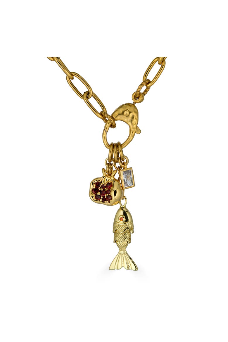 Fish and Pomegranate Charm Drop Necklace, Alternate, color, Gold