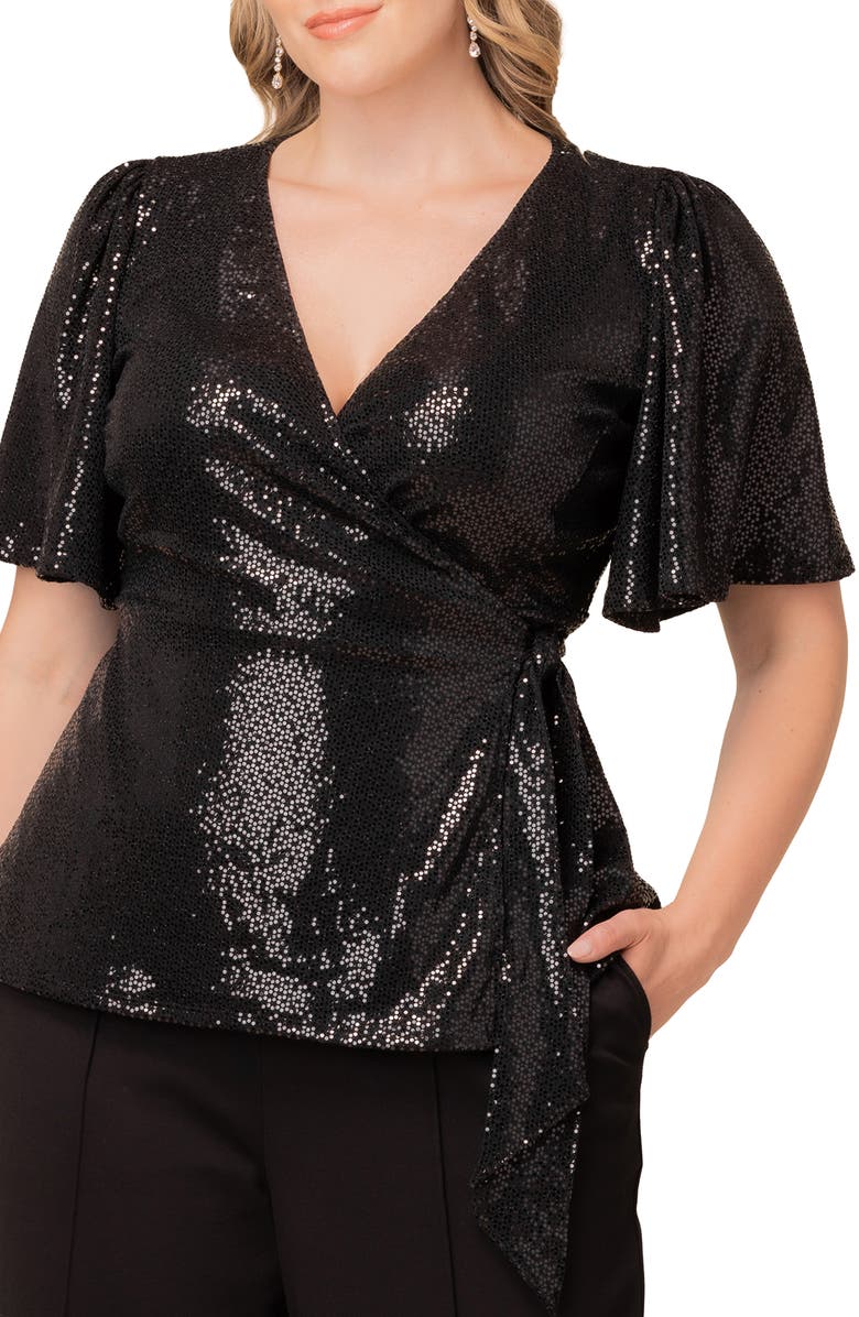 Kiyonna Shimmerying Sequin Wrap Top, Alternate, color, Onyx