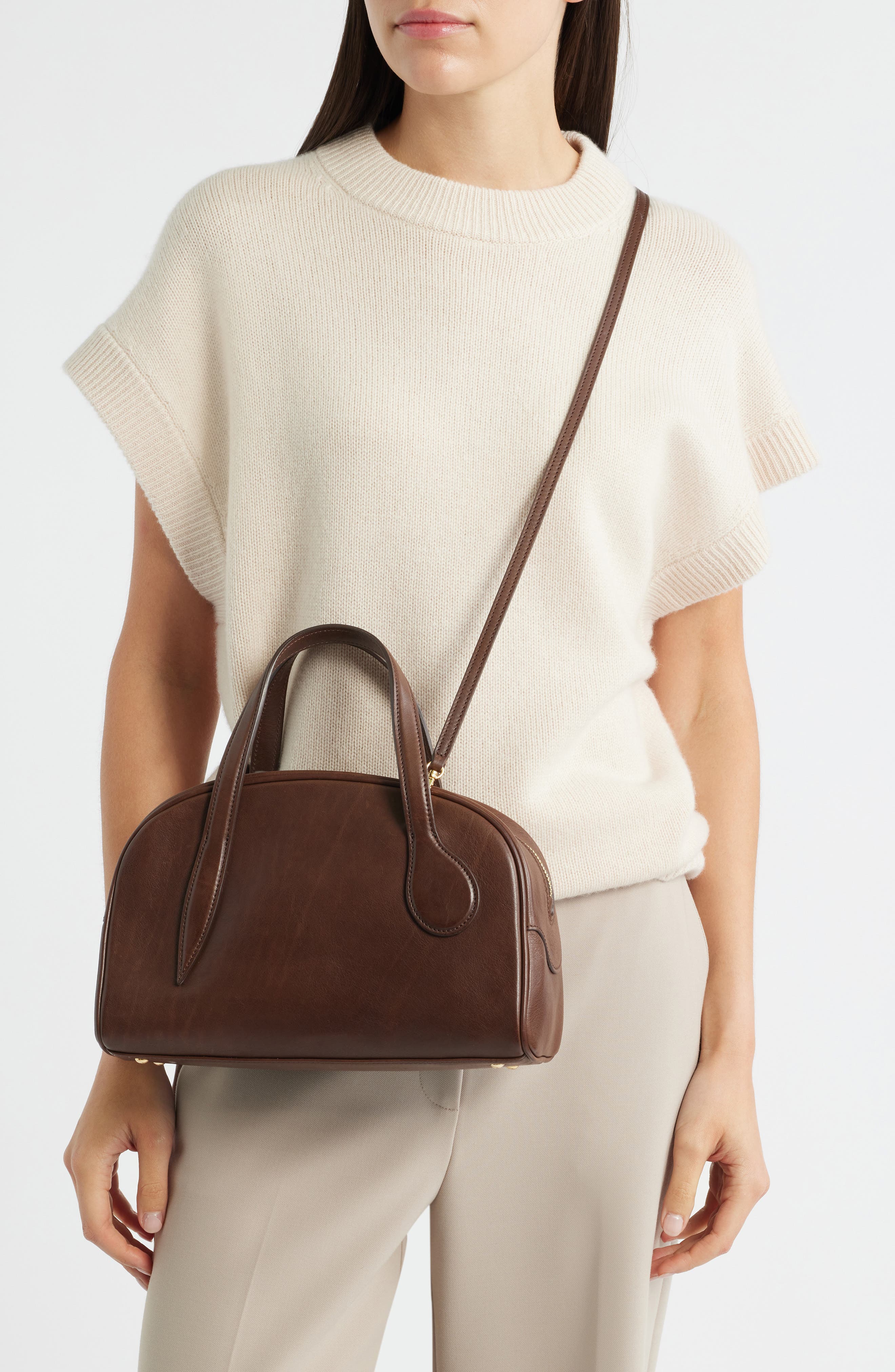 Mini Leather Bowling Crossbody Bag, Alternate, color, DARK BROWN