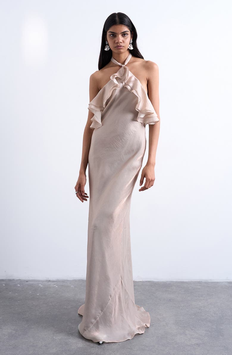 Topshop Ruffle Satin Halter Maxi Dress, Main, color,