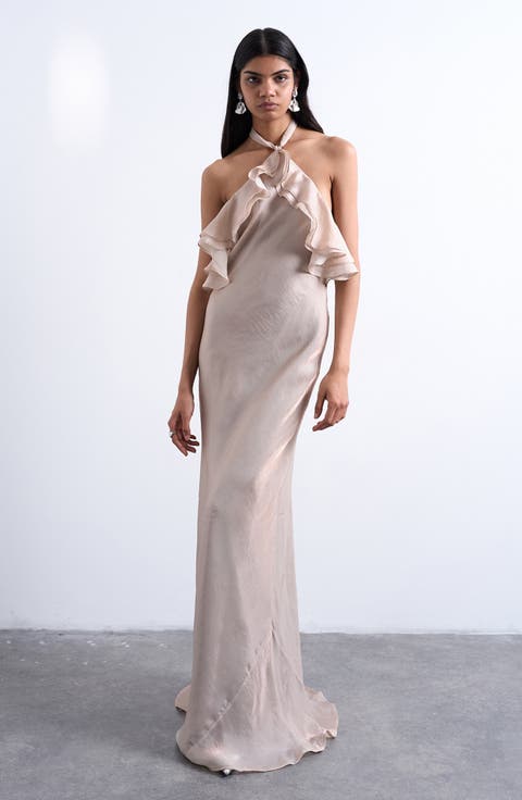Ruffle Satin Halter Maxi Dress