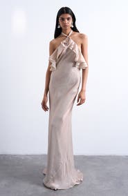 Topshop Ruffle Satin Halter Maxi Dress