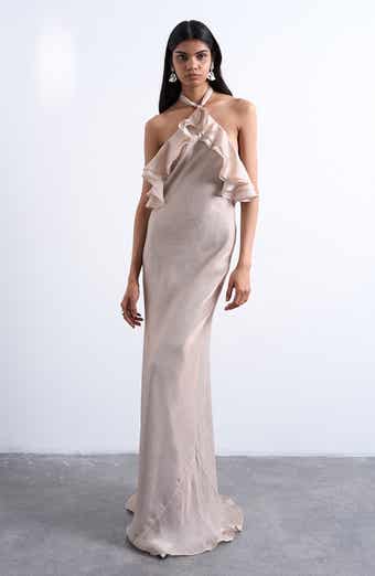 Ruffle Satin Halter Maxi Dress