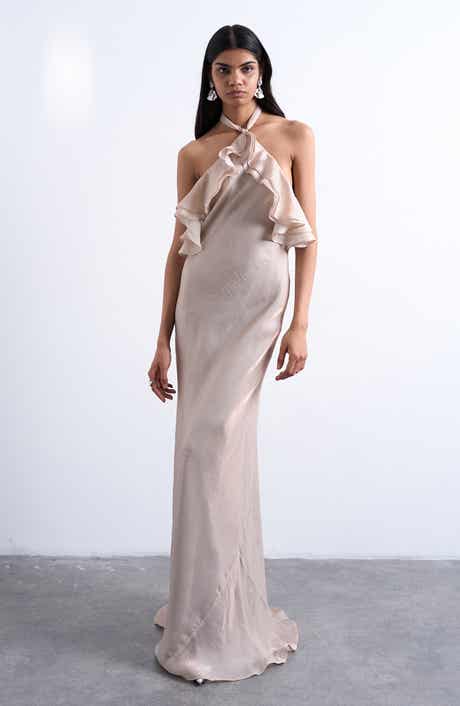 Ruffle Satin Halter Maxi Dress