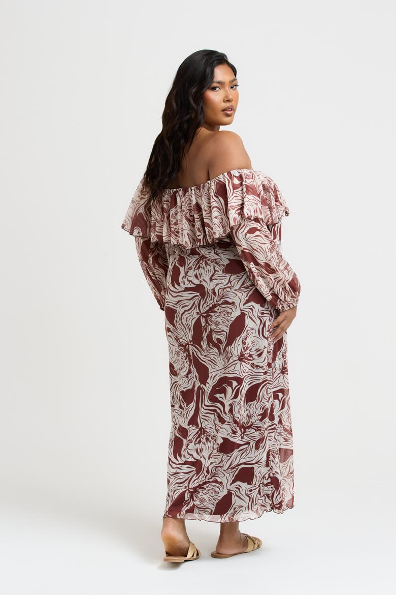 Curve Ruffle Bardot Midaxi Dress, Alternate, color, Brown