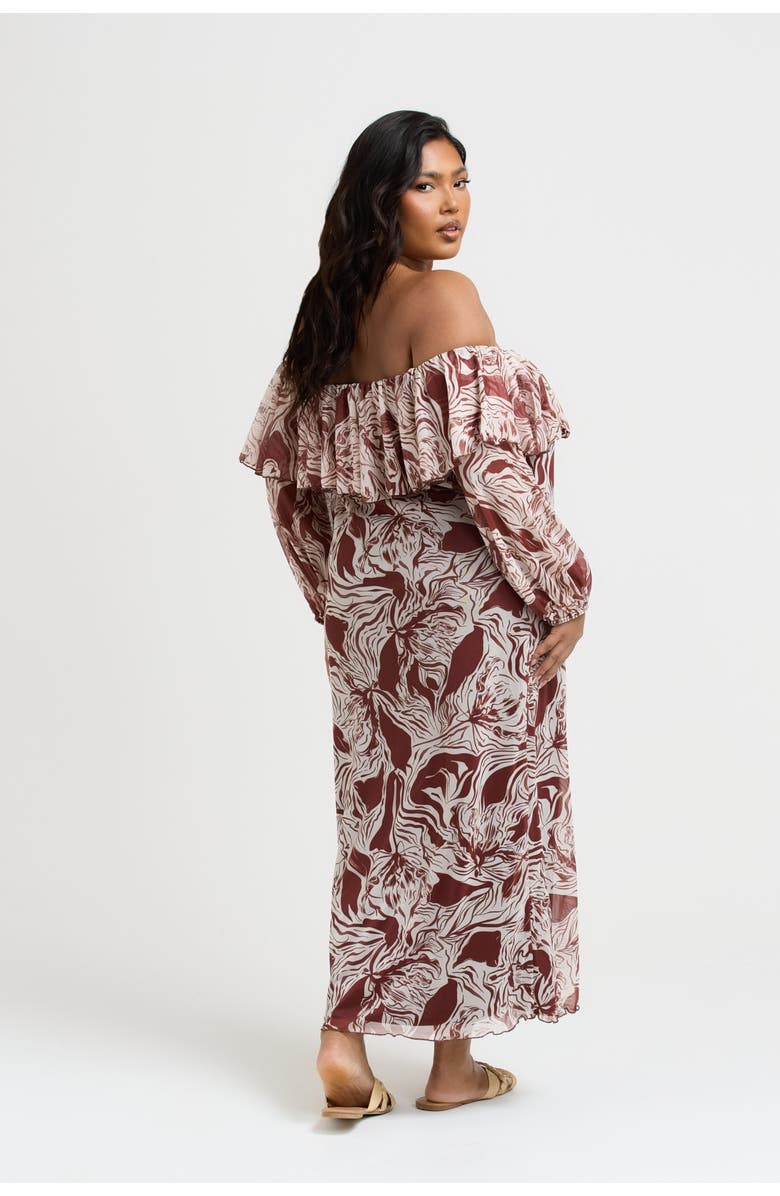 FASHION-SZN CURVE Curve Ruffle Bardot Midaxi Dress, Alternate, color, Brown