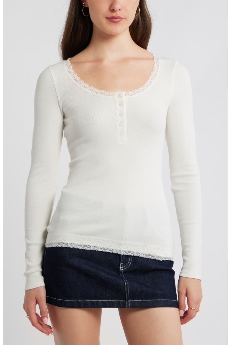 Lace Trim Cotton Blend Rib Henley, Main, color, IVORY