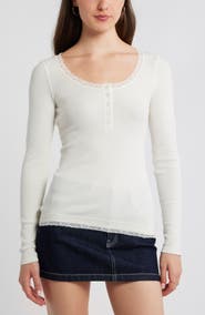 BP. Lace Trim Cotton Blend Rib Henley