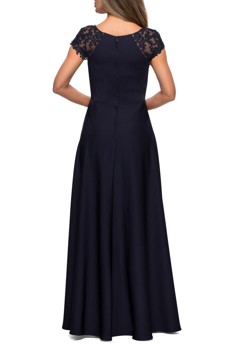 Long Satin Dress with Sheer Floral Lace Cap Sleeves, Alternate, color, Navy