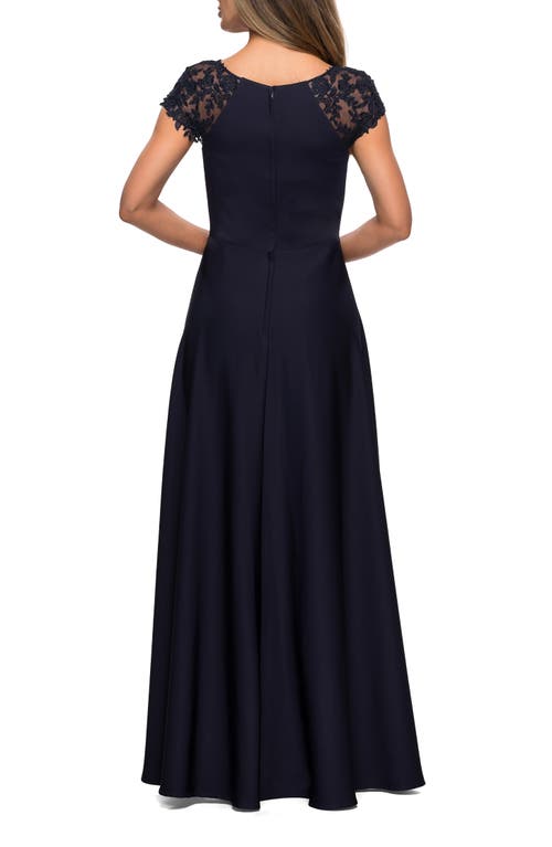 La Femme Long Satin Dress With Sheer Floral Lace Cap Sleeves In Navy