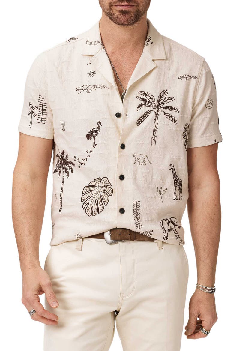 Beeston Embroidered Jungle Icons Knit Camp Shirt, Main, color, LIGHT KHAKI