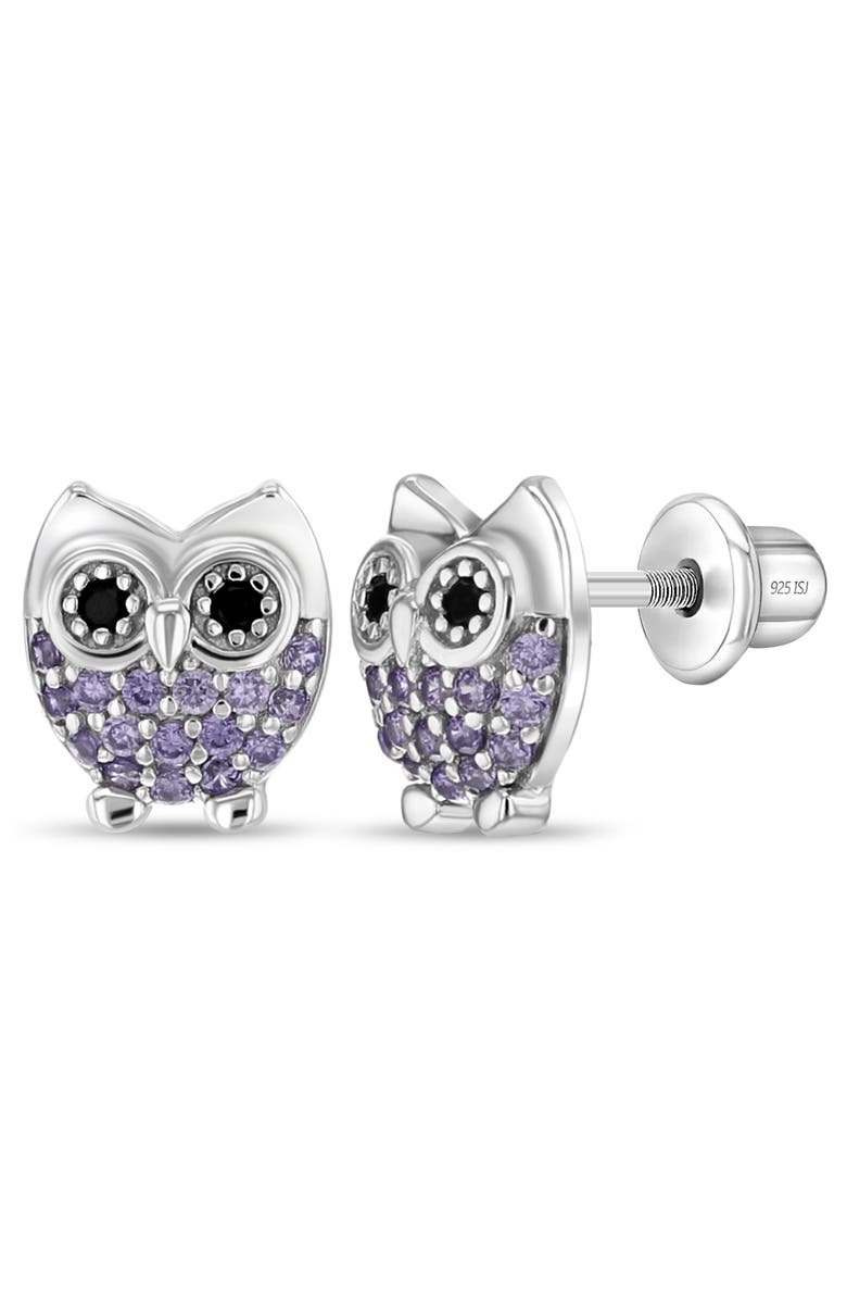 In Season Jewelry Hoot Cubic Zirconia Owl Earrings, Main, color, Purple