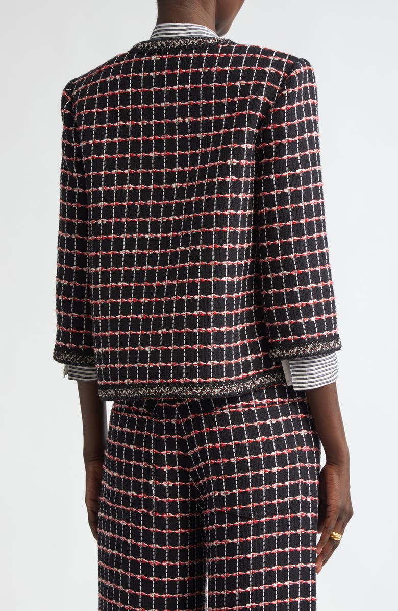 ST. JOHN Windowpane Check Mixed Media Crop Jacket, Alternate, color, Black/ Haute Red/ Pearl Multi