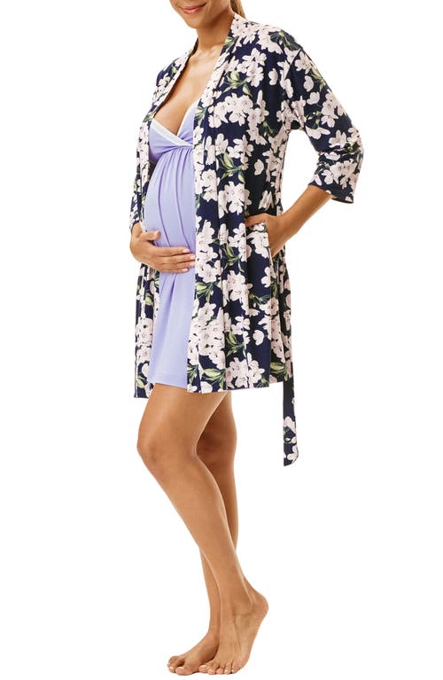 Motherhood Maternity Maternity Robe And Nursing Chemise Sleep Set With Baby Swaddle In Blue