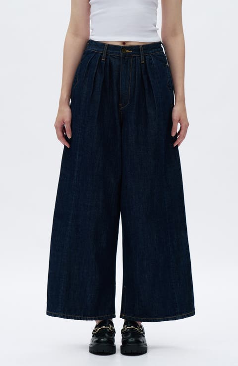 Pleated Super High Waist Ankle Wide Leg Jeans (Rinse)