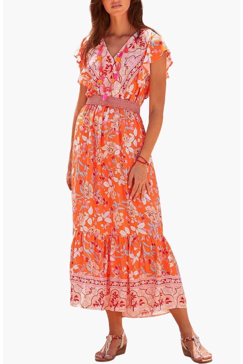 Floral V-Neck Maxi Dress, Main, color, Orange Multi
