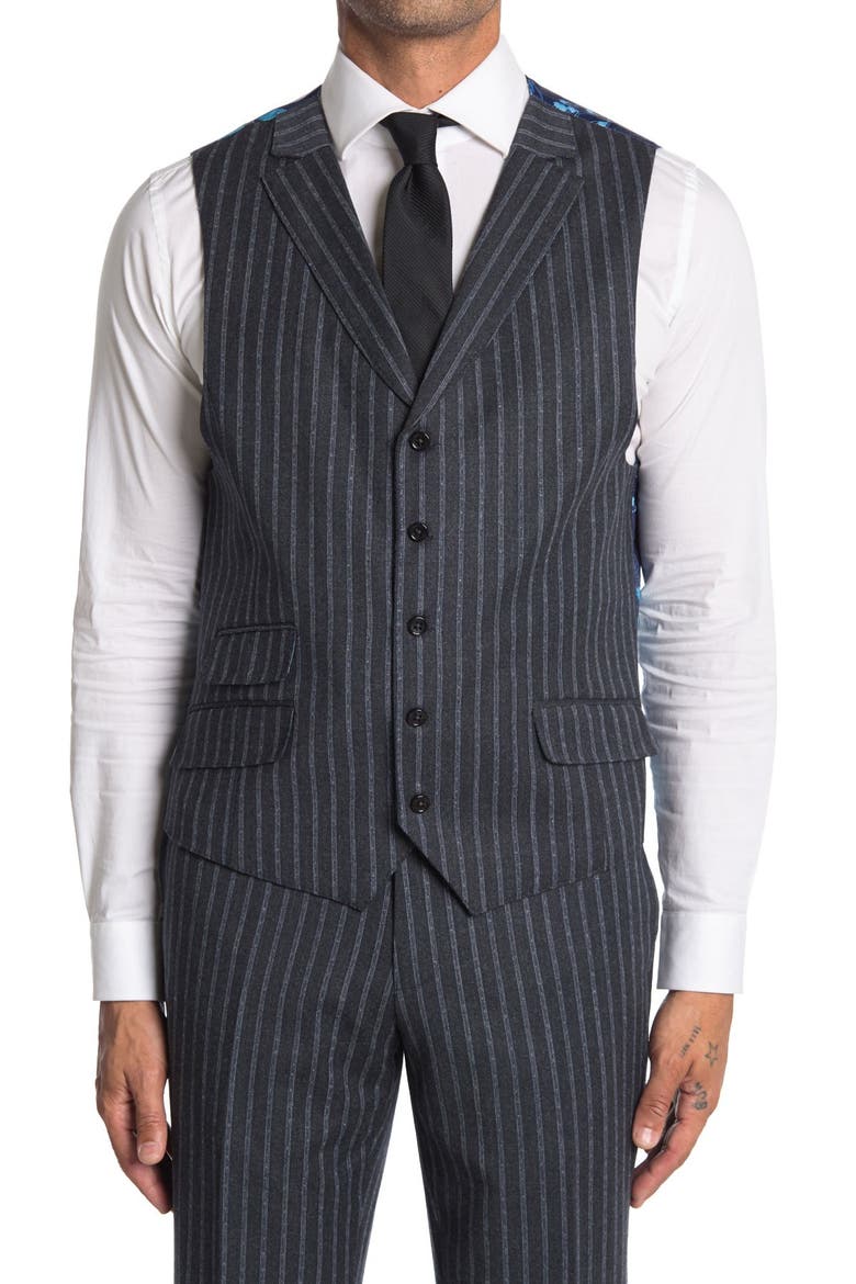Dark Grey Stripe Two Button Notch Lapel Wool Slim Fit 3-Piece Suit, Alternate, color, DARK GRAY