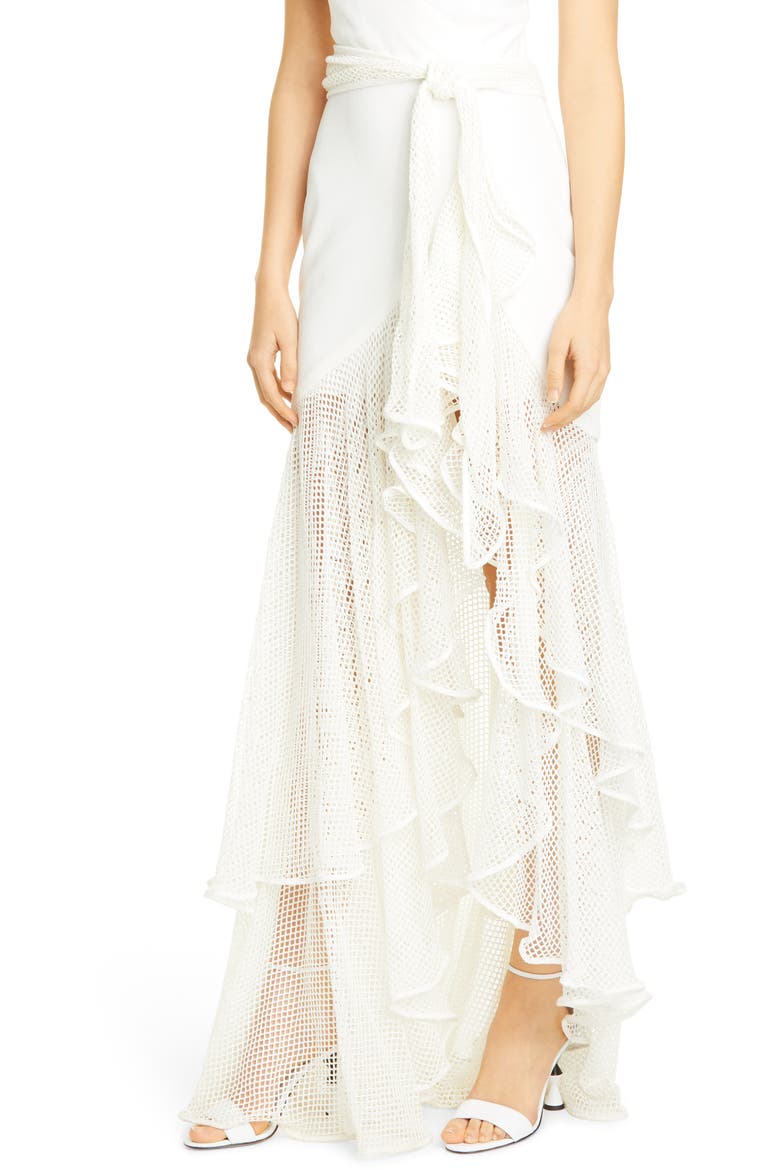 PatBO Mesh Trim Sheer Hem Gown, Alternate, color, WHITE