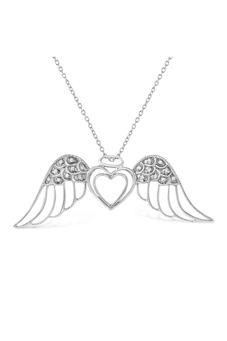 Silver Pave-Set Diamond Accent Angel Wing Double Heart Pendant Necklace, Main, color, White