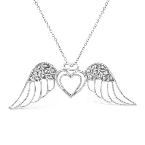 Silver Pave-Set Diamond Accent Angel Wing Double Heart Pendant Necklace