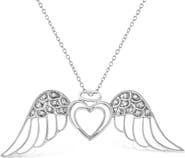 Haus of Brilliance Silver Pave-Set Diamond Accent Angel Wing Double Heart Pendant Necklace