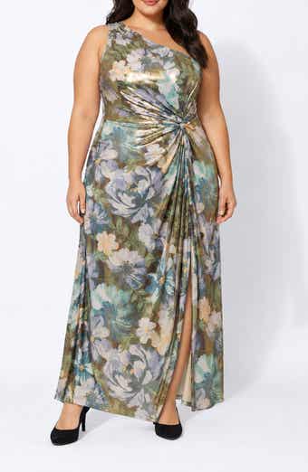 One-Shoulder Metallic Knot Side Maxi Gown