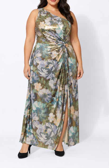 One-Shoulder Metallic Knot Side Maxi Gown