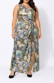 Oleg Cassini One-Shoulder Metallic Knot Side Maxi Gown