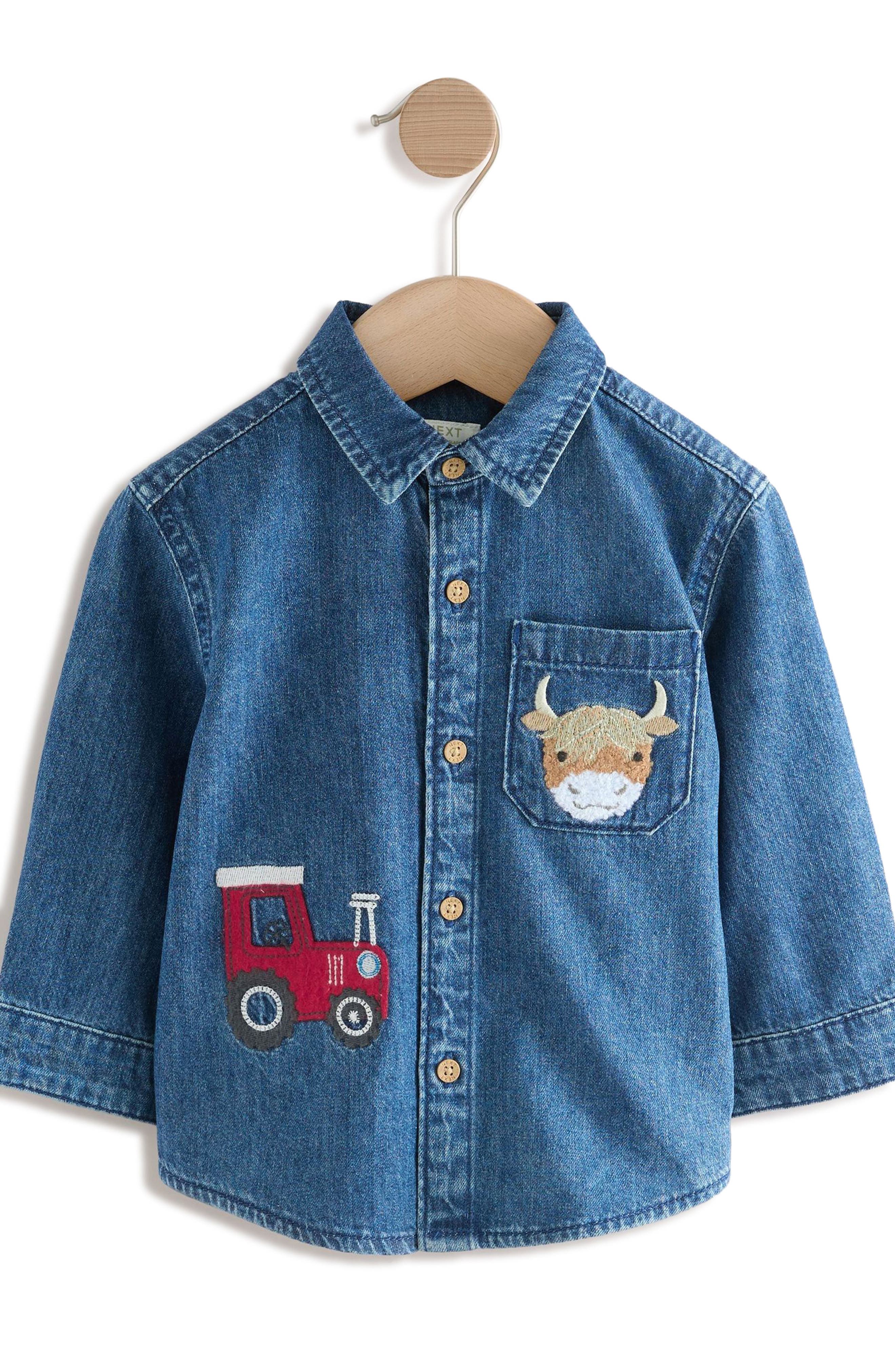 NEXT Kids' Farm Appliqué Denim Button-Up Shirt