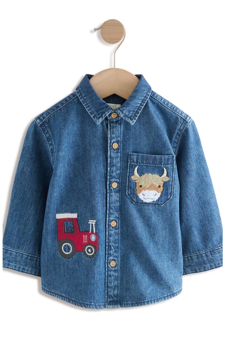 Kids' Farm Appliqué Denim Button-Up Shirt, Main, color, BLUE