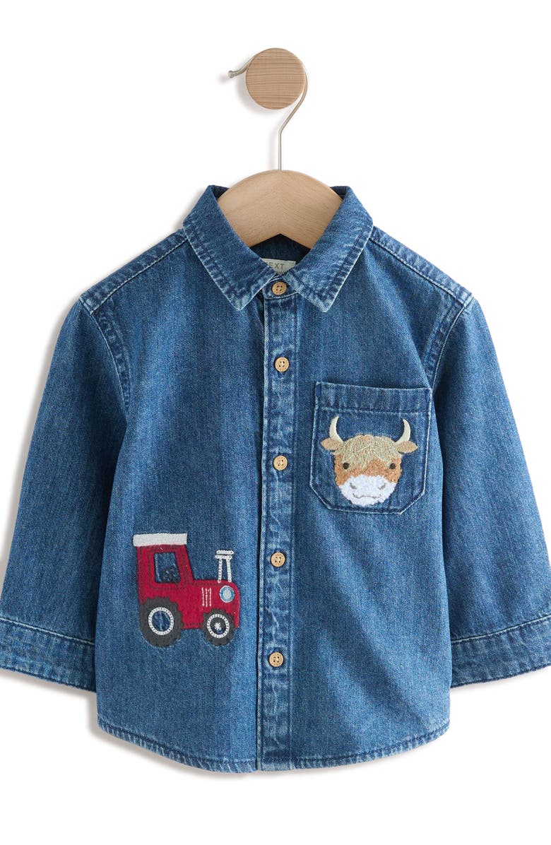 NEXT Kids' Farm Appliqué Denim Button-Up Shirt, Main, color, Blue